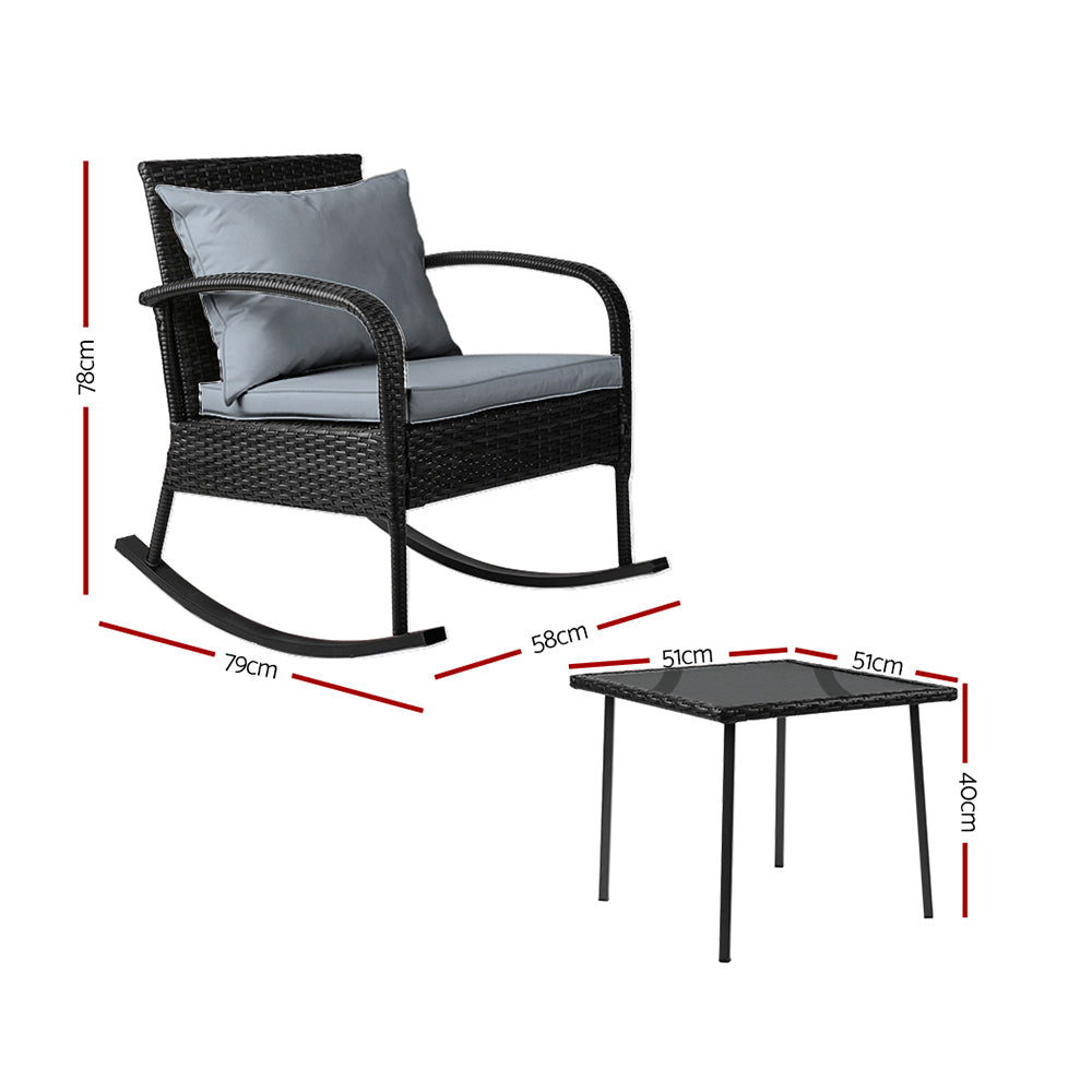 Gardeon 3 Piece Outdoor Chair Rocking Set - Black