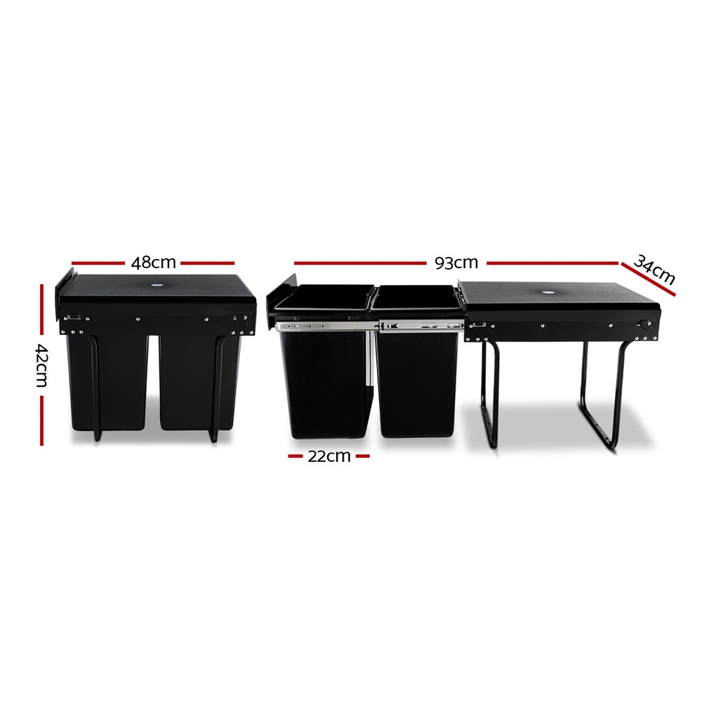 Set of 2 20L Twin Pull Out Bins Kitchen Slide Out Rubbish Waste Basket Black