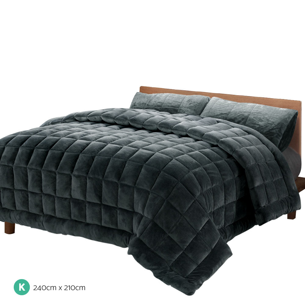 Giselle Bedding Faux Mink Quilt Fleece Throw Blanket Comforter Charcoal King
