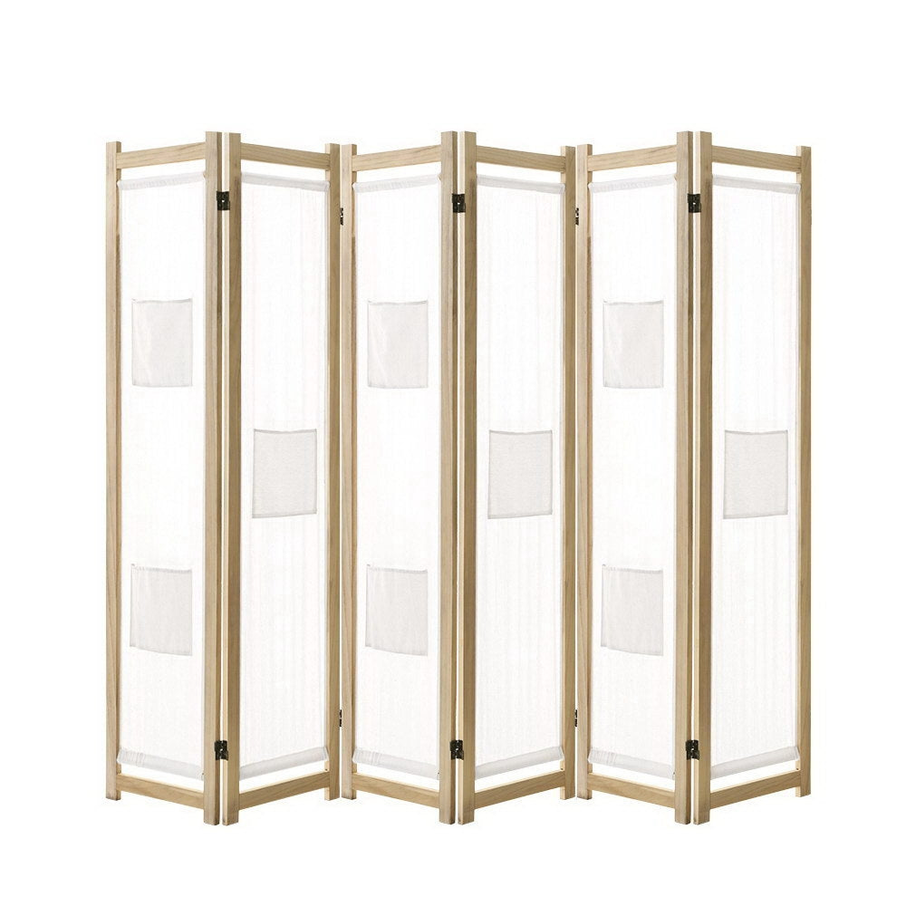 Artiss 6 Panel Room Divider Privacy Screen Wood Fabric Foldable Stand White Natural - Store Zone-Online Shopping Store Melbourne Australia