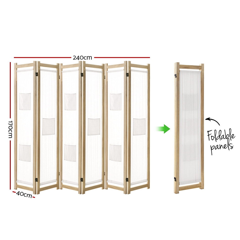 Artiss 6 Panel Room Divider Privacy Screen Wood Fabric Foldable Stand White Natural - Store Zone-Online Shopping Store Melbourne Australia