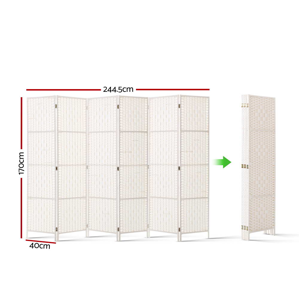 Artiss 6 Panel Room Divider Privacy Screen Rattan Timber Fold Woven Stand White