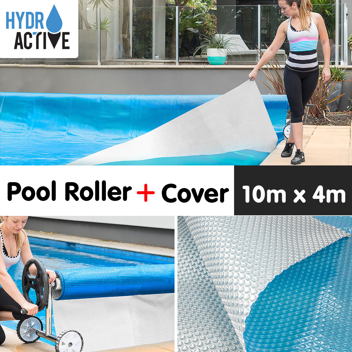 400micron Swimming Pool Roller Cover Combo - Silver/Blue - 10m x 4m