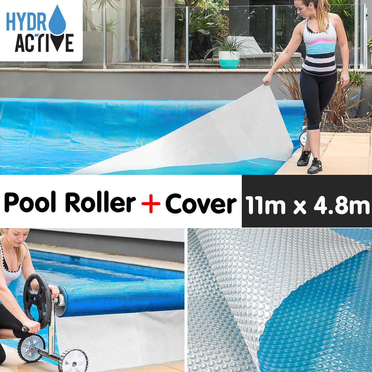 500micron Swimming Pool Roller Cover Combo - Silver/Blue - 11m x 4.8m