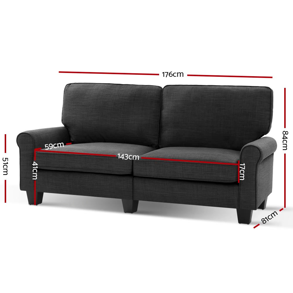 Artiss 1780mm 3 Seater Sofa Suite Lounger Couch Fabric Dark Grey