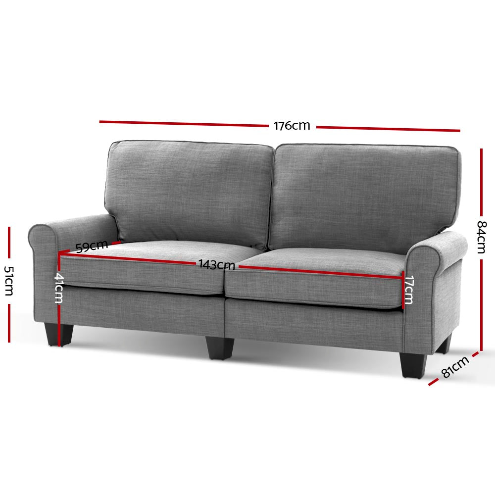 Artiss 1780mm 3 Seater Sofa Suite Lounger Couch Fabric Grey