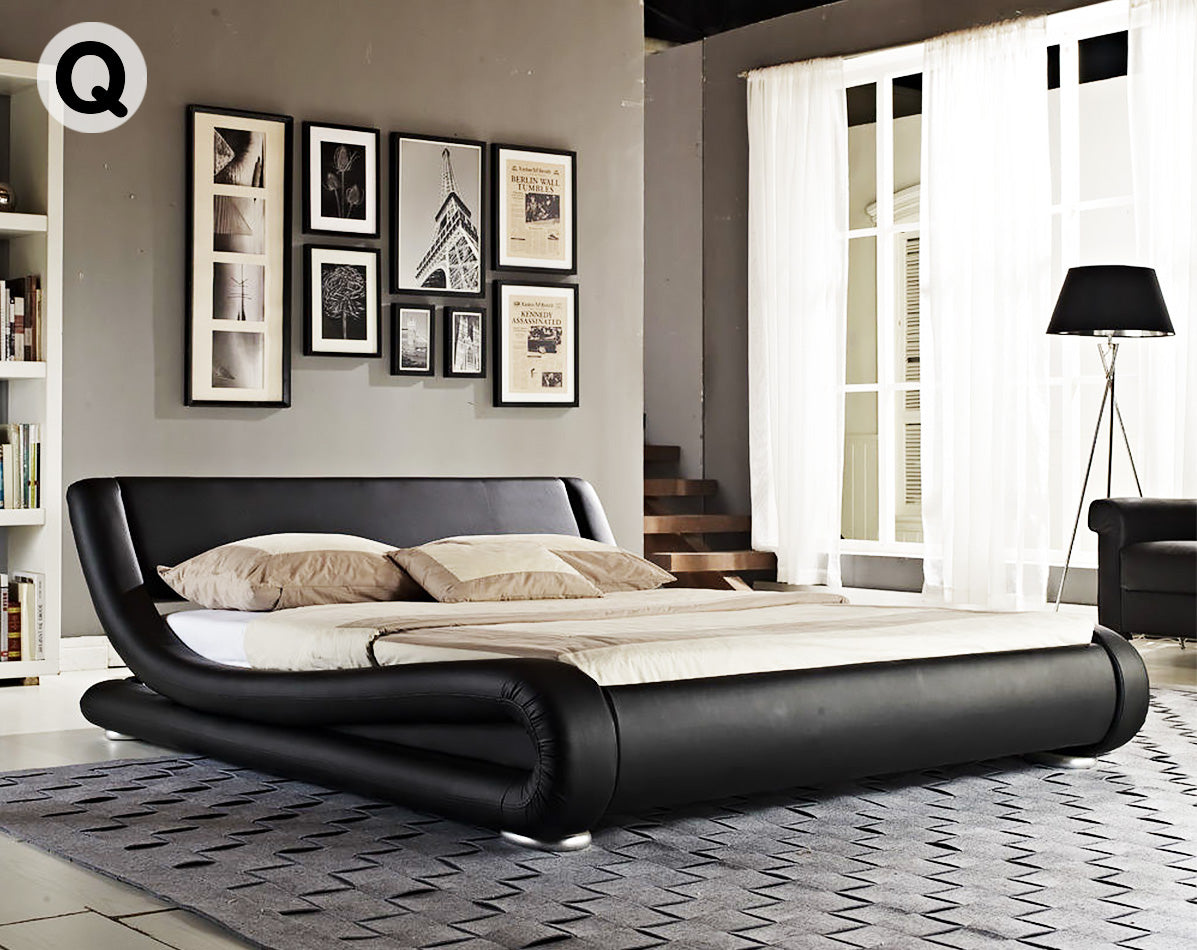 Queen Size Faux Leather Curved Bed Frame - Black