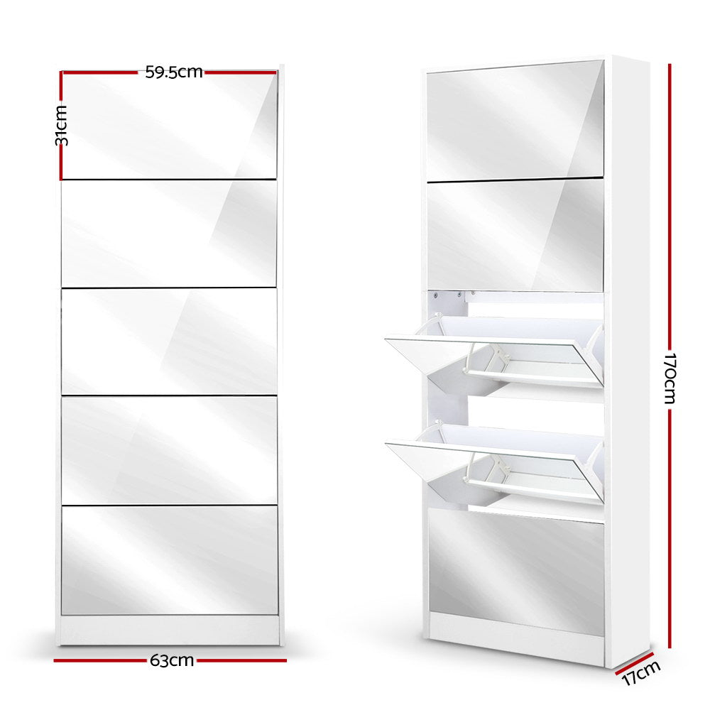 Artiss 5 Drawer Mirrored Wooden Shoe Cabinet - White