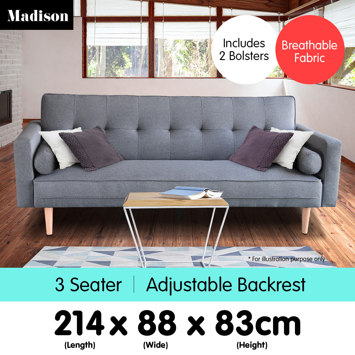 Madison 3 Seater Linen Sofa Bed Couch with Pillows - Dark Grey