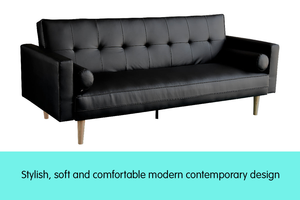 Madison 3 Seater Faux Leather Sofa Bed Couch with Pillows - Black