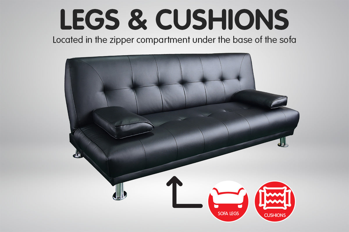 Manhattan 3 Seater Faux Leather Sofa Bed Couch Lounge Futon - Black