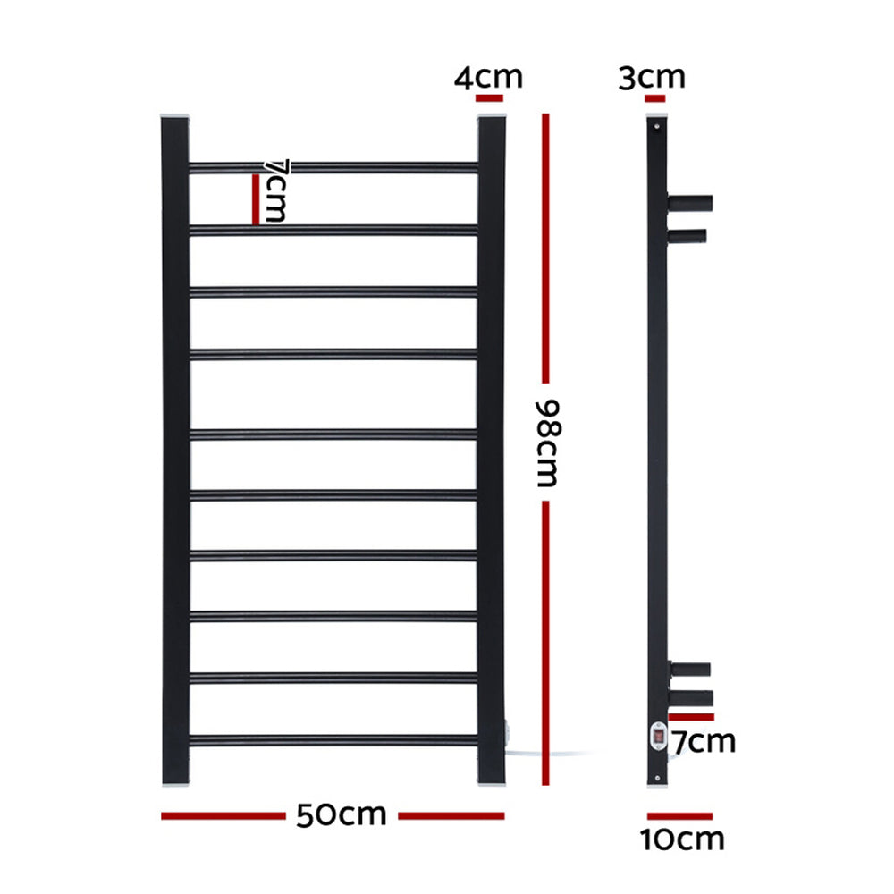 DEVANTI Electric Heated Ladder Towel Rails Bathroom Dryer Clothes Warmer 10 Racks Round Bars Black Rungs