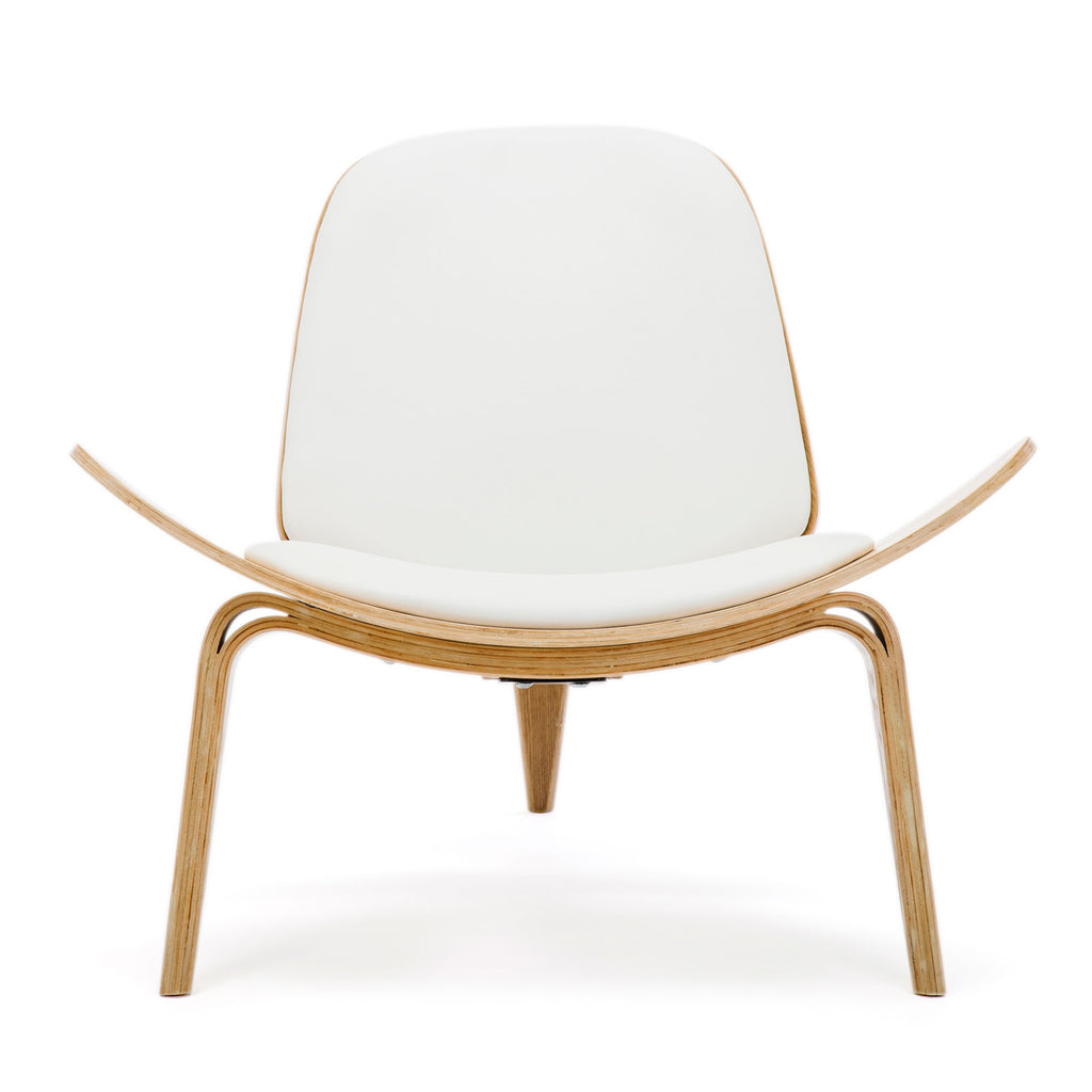 Replica Hans Wegner Shell Chair - White Top Layer Genuine Leather / Ash Wood