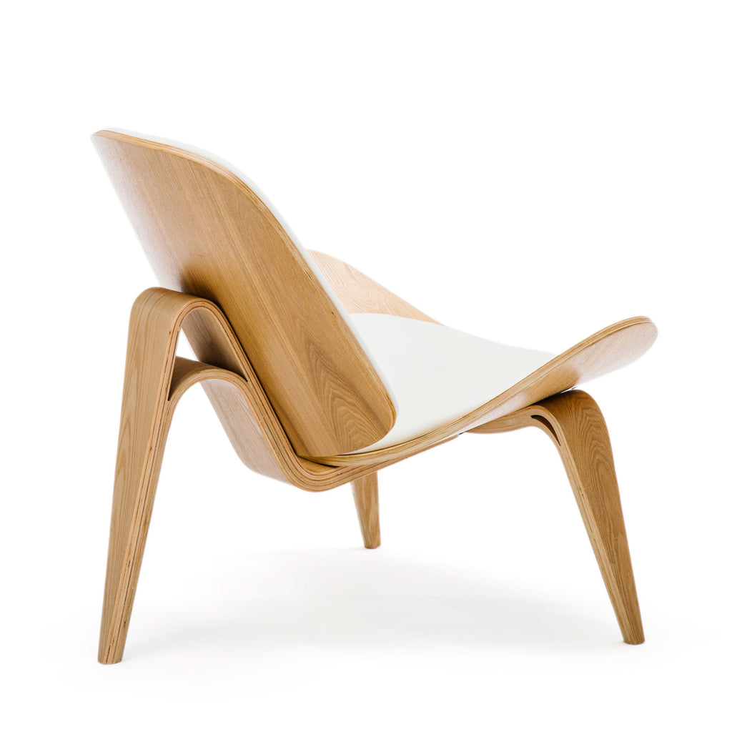 Replica Hans Wegner Shell Chair - White Top Layer Genuine Leather / Ash Wood