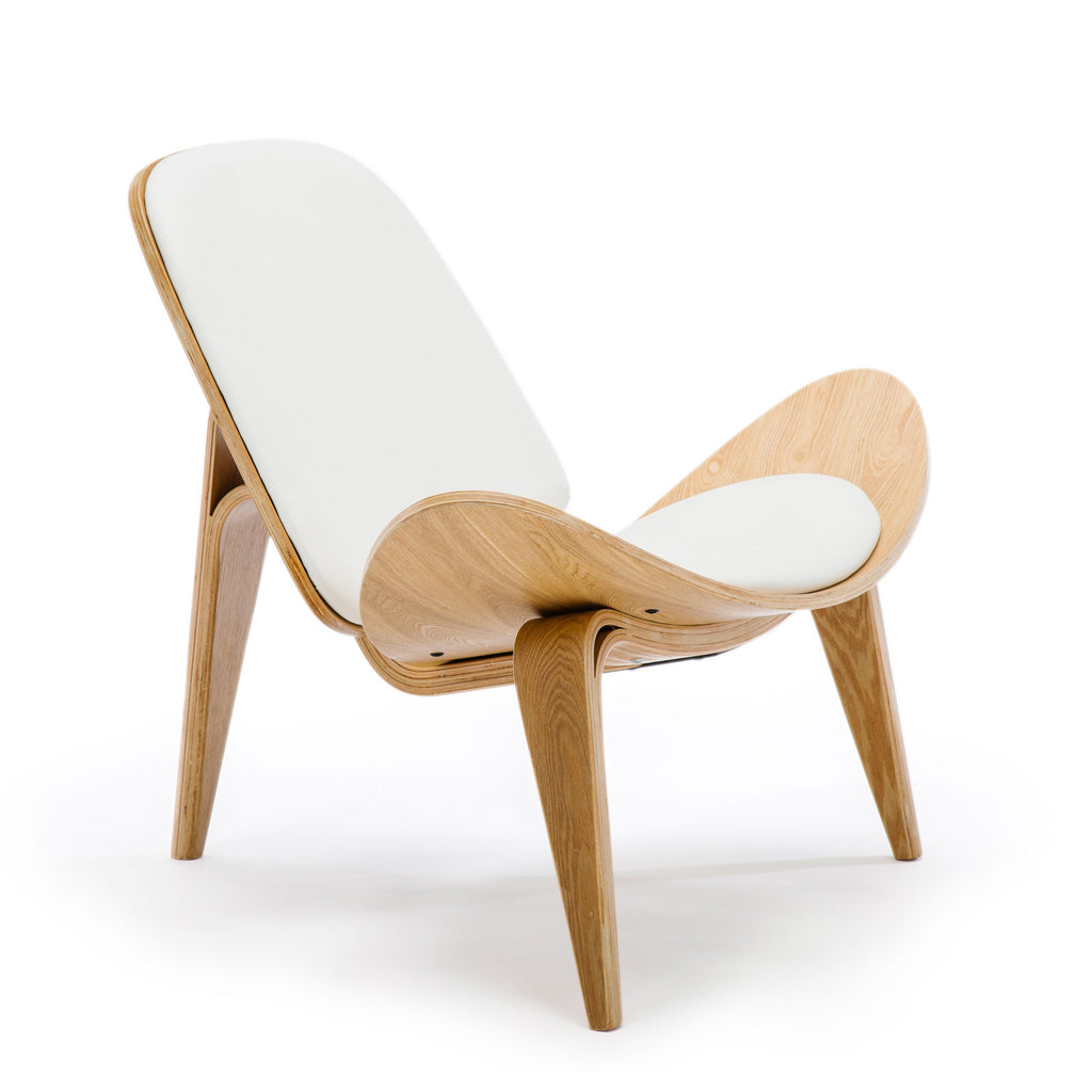 Replica Hans Wegner Shell Chair - White Top Layer Genuine Leather / Ash Wood