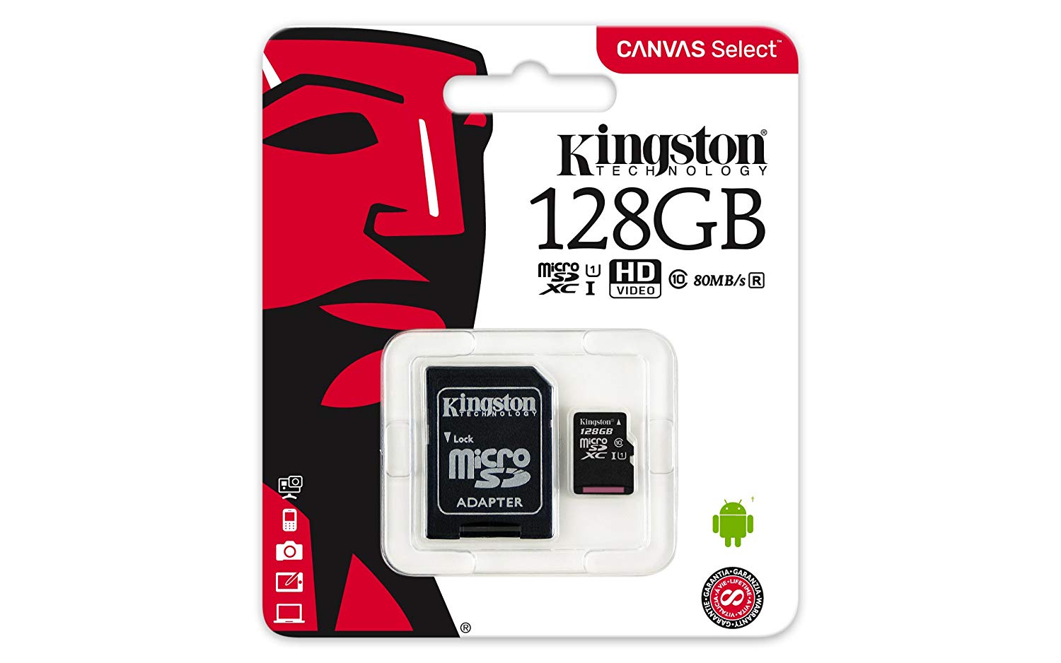 KINGSTON  Canvas Select:MicroSD 128GB , 80MB/s read and 10MB/s write with SD adapter SDCS/128GB