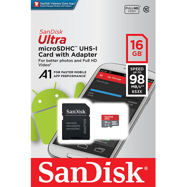 SANDISK SDSQUAR-016G-GN6MA Micro SDHC Ultra A1 Class 10 98mb/s with SD adapter