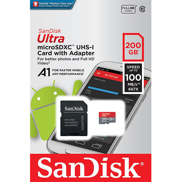 SANDISK SDSQUAR-200G-GN6MA Micro SDHC Ultra A1 Class 10 100mb/s with SD adapter