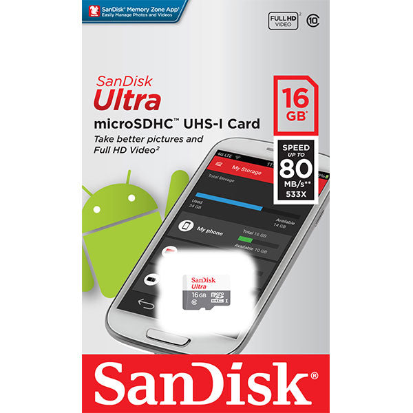 SANDISK 16GB Micro SDHC Ultra Class 10 up to 80mb/s without Adapter