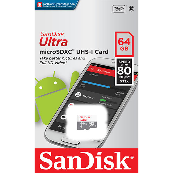 SANDISK 64GB Micro SDHC Ultra Class 10 up to 80mb/s without Adapter