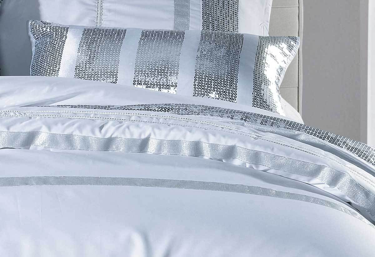 King Size White Striped Sequins Quilt Cover Set(3PCS)