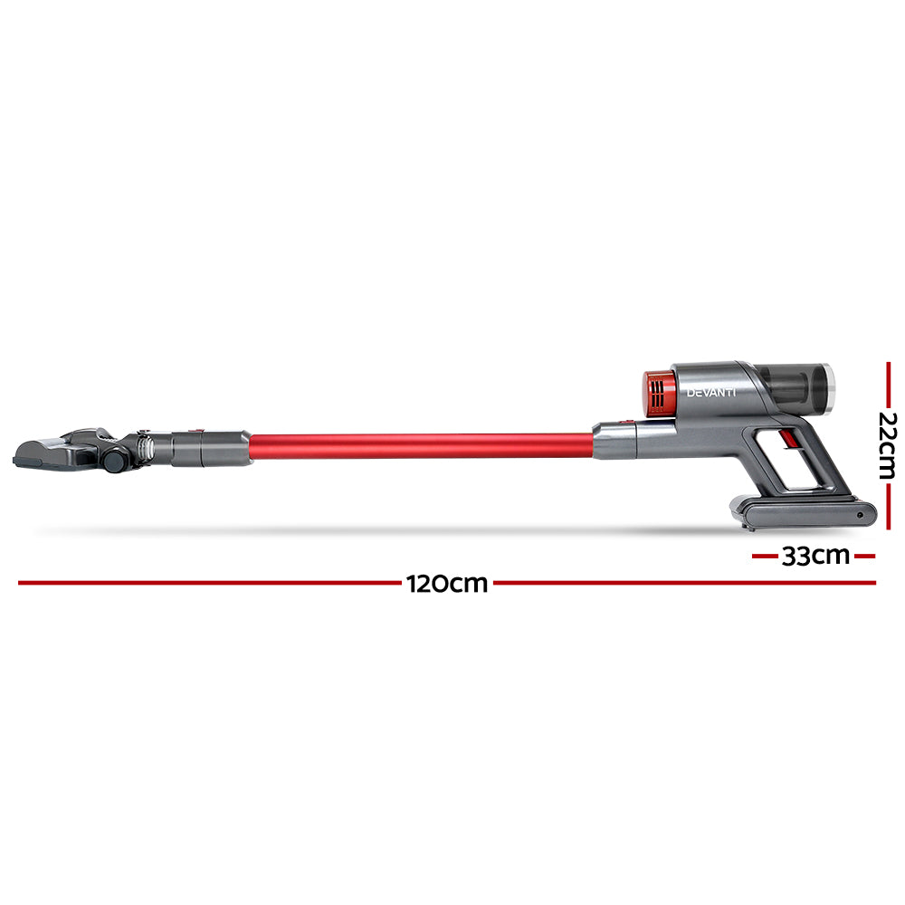 Devanti 150W Handstick Cordless Vacuum Cleaner Handheld Stick Vac Headlight Red and Grey