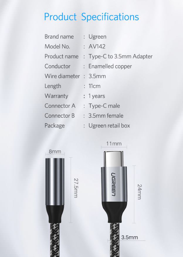 UGreen Type C to 3.5mm Female cable 10CM 30632