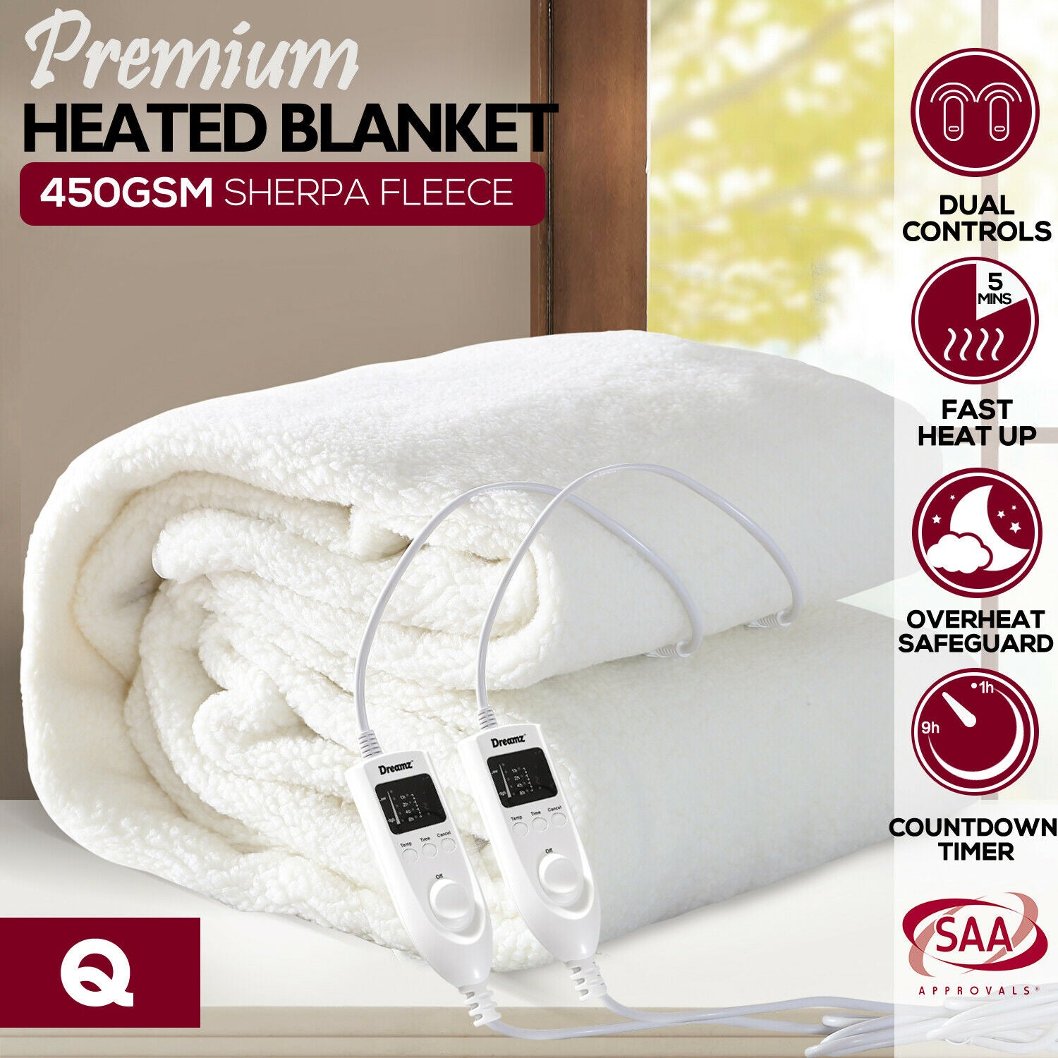 DreamZ 450 GSM Fleecy Electric Blanket Heated Warm Winter Fitted Queen Size