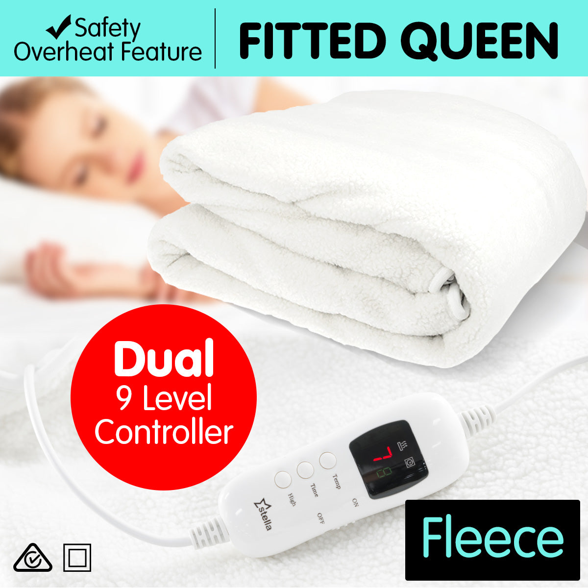 Stella Fleece Electric 9 Level Heated Settings Blanket - Queen