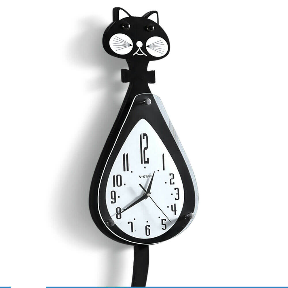 Cartoon Silent Wall Clock Creative Shake Tail Cat Non ticking Home Office Decor