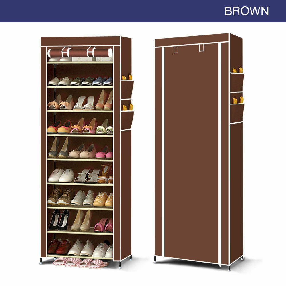 Levede Portable Wardrobe 10 Tier Shoe Rack Storage Cabinet Organiser Brown Cover