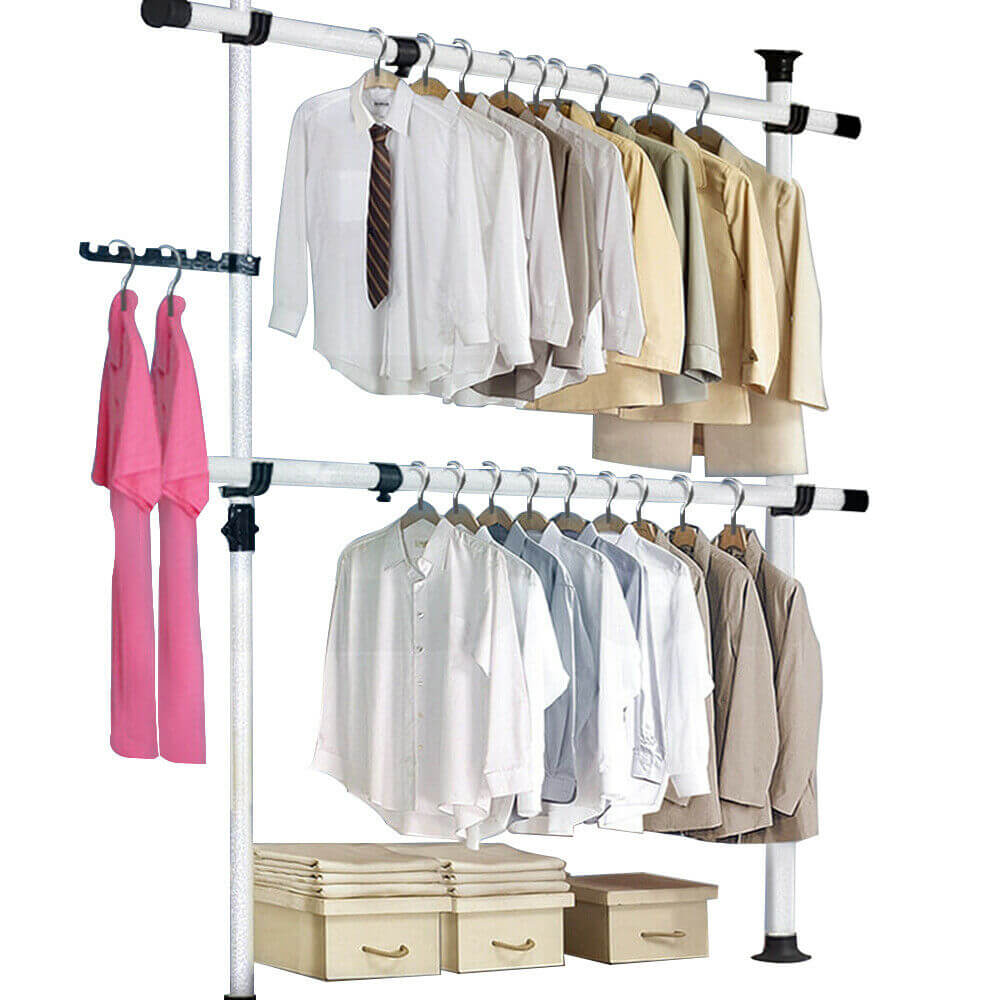 Movable Garment Rack Tools-Free DIY Coat Hanger Clothes Wardrobe 2 Poles 2 Bars