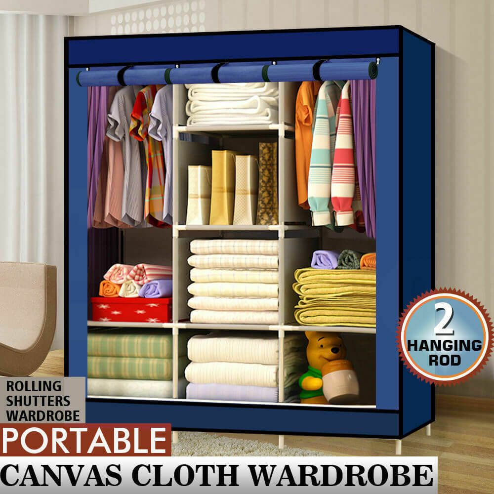 Large Portable Clothes Closet Wardrobe Storage Organizer with Shelves Navy Blue