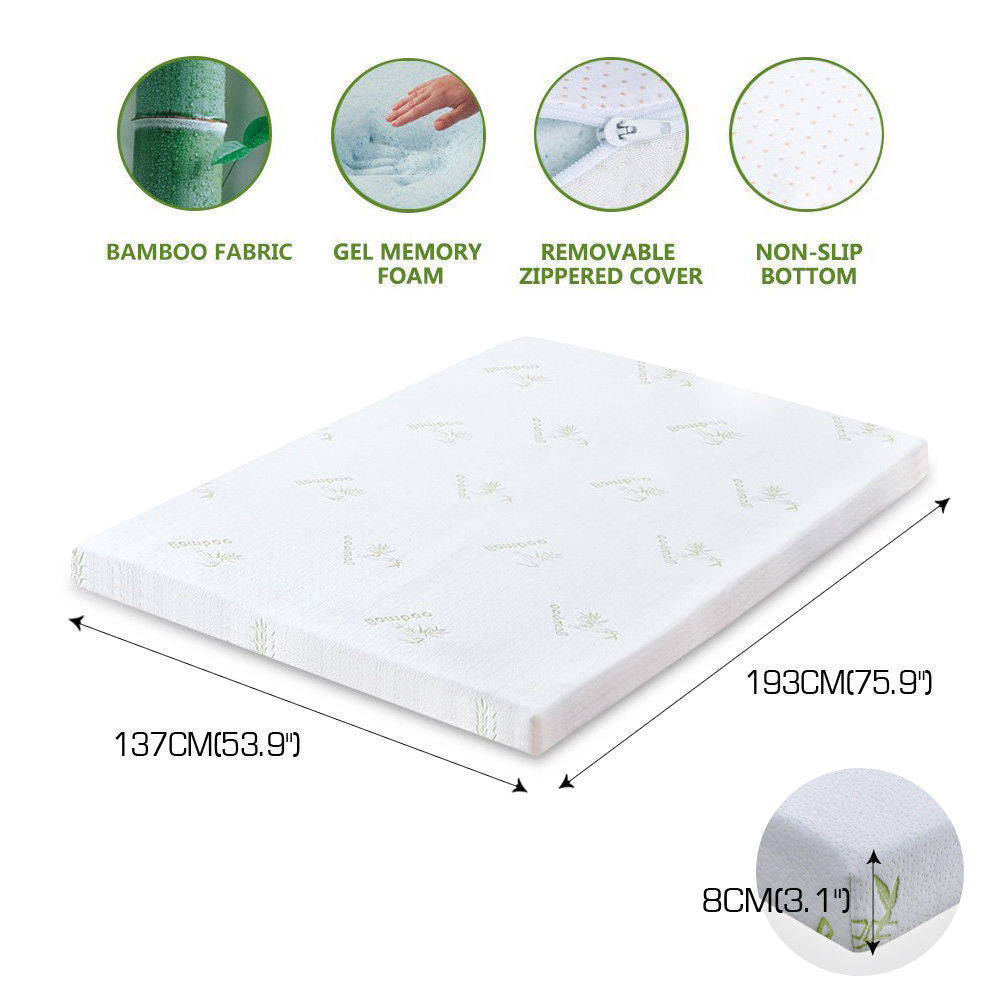 DreamZ 8cm Thickness Cool Gel Memory Foam Mattress Topper Bamboo Fabric Double