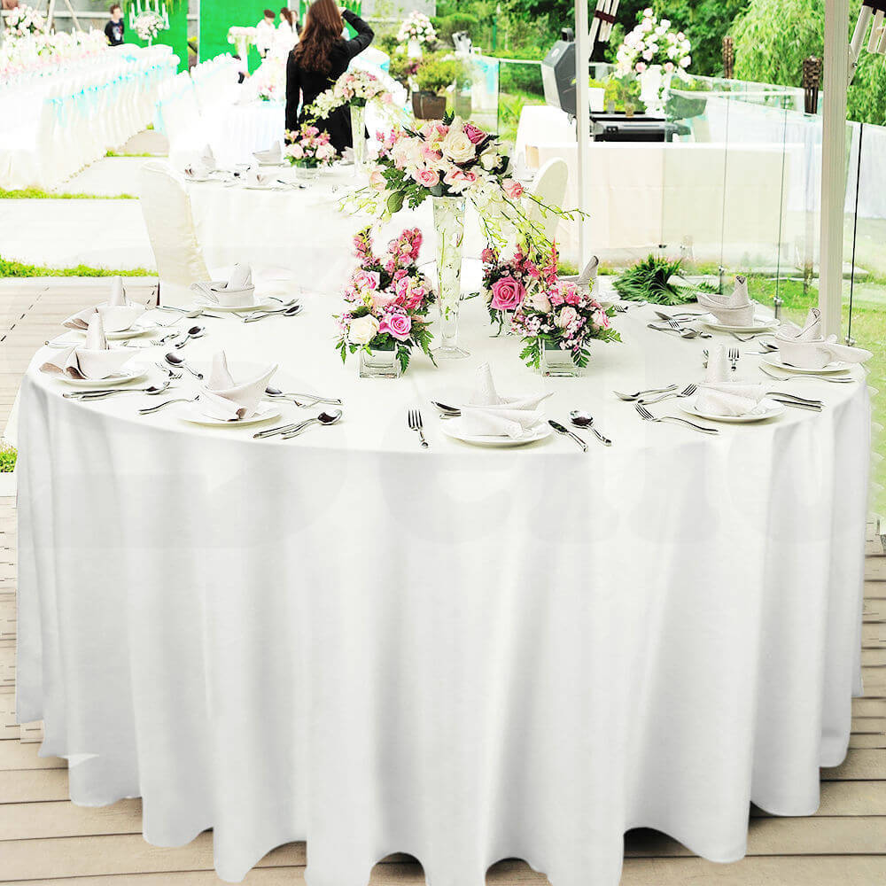 1 Pc 220cm White Round Fitted Tableclothes Hemmed Edges Trestle Event Wedding