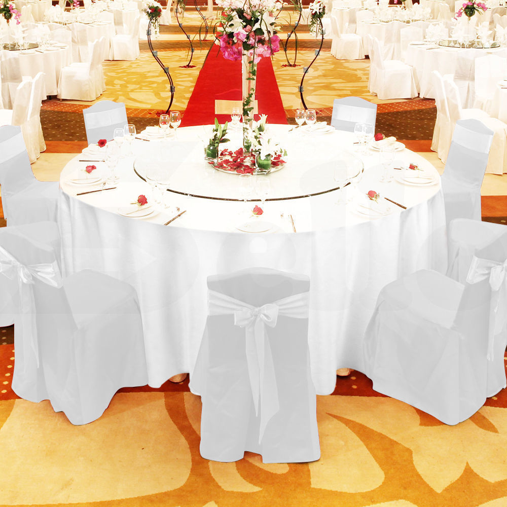 10 Pcs 260cm White Round Fitted Tableclothes Hemmed Edges Trestle Event Wedding