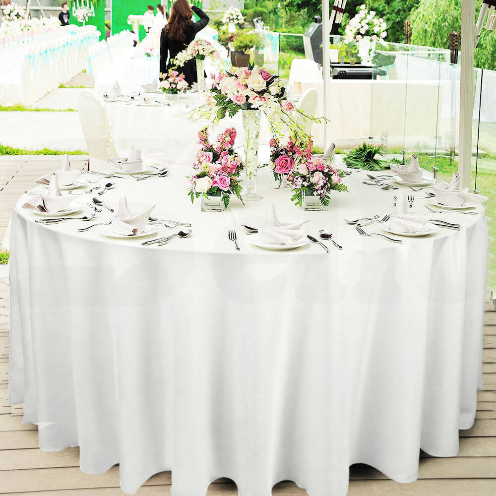 10 Pcs 220cm White Round Fitted Tableclothes Hemmed Edges Trestle Event Wedding