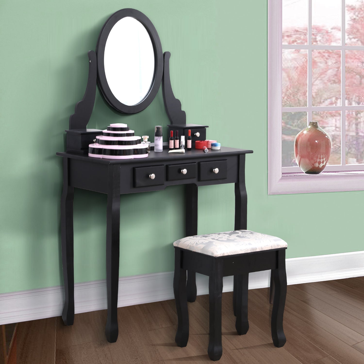 Levede Dressing Table and Stool Set with 1 Mirror and 5 Drawers in Black Colour