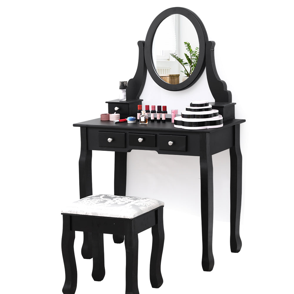 Levede Dressing Table and Stool Set with 1 Mirror and 5 Drawers in Black Colour