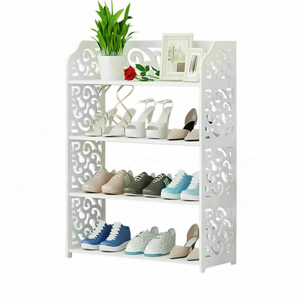 Levede 4 Tier White Chic Hollow Out Shoe Rack Stand Storage Organiser Shelf Unit