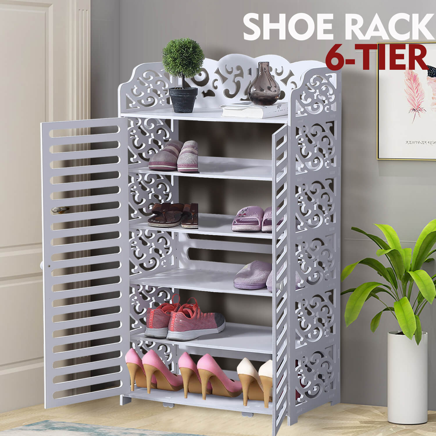 Levede 6 Tier White Chic Hollow Out Shoe Rack Shoes Storage Organizer Shelf