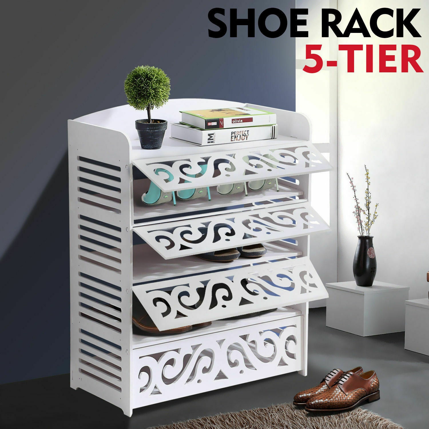 Levede 5 Tier White Chic Hollow Out Shoe Rack Shoes Storage Organizer Shelf