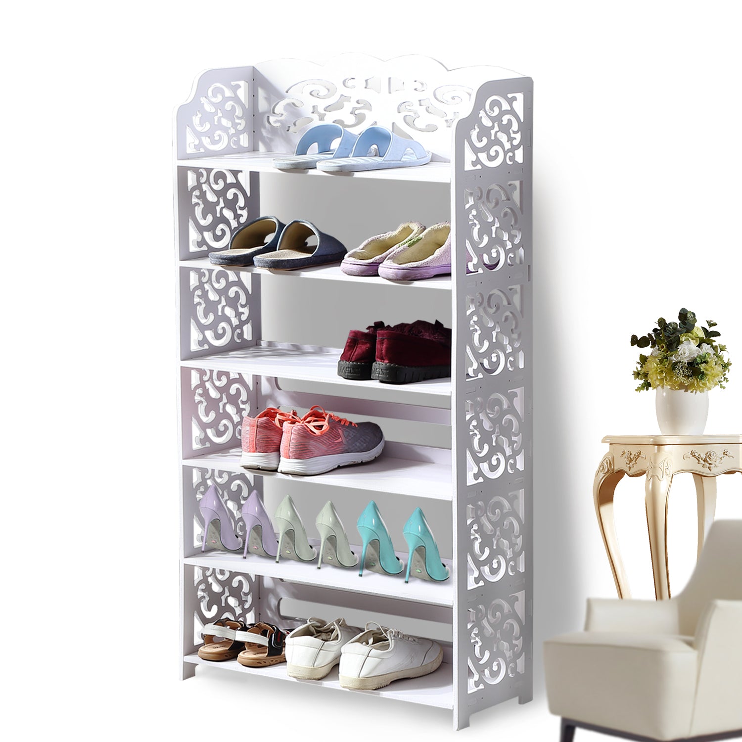 Levede 6 Tier White Chic Hollow Out Shoe Rack Shoes Storage Organizer Shelf