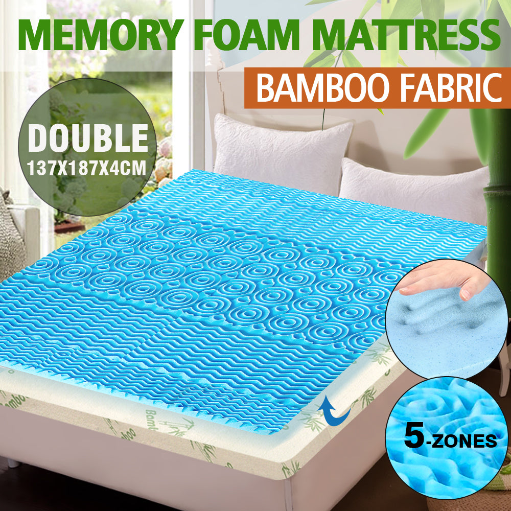 COOL GEL Memory Foam Mattress Topper Bamboo Fabric Cover 4CM 5-Zone Double