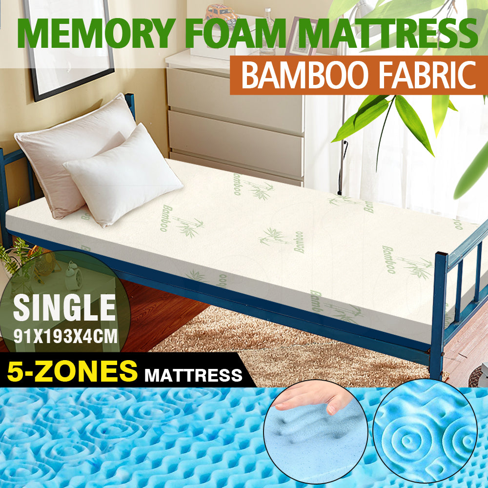 COOL GEL Memory Foam Mattress Topper Bamboo Fabric Cover 4CM 5-Zone Single Size