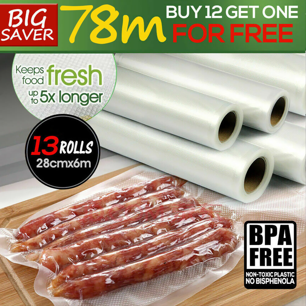 13 Pack Food Vacuum Sealer Rolls Storage Bag Saver Commercial 28cm 78m BPA Free