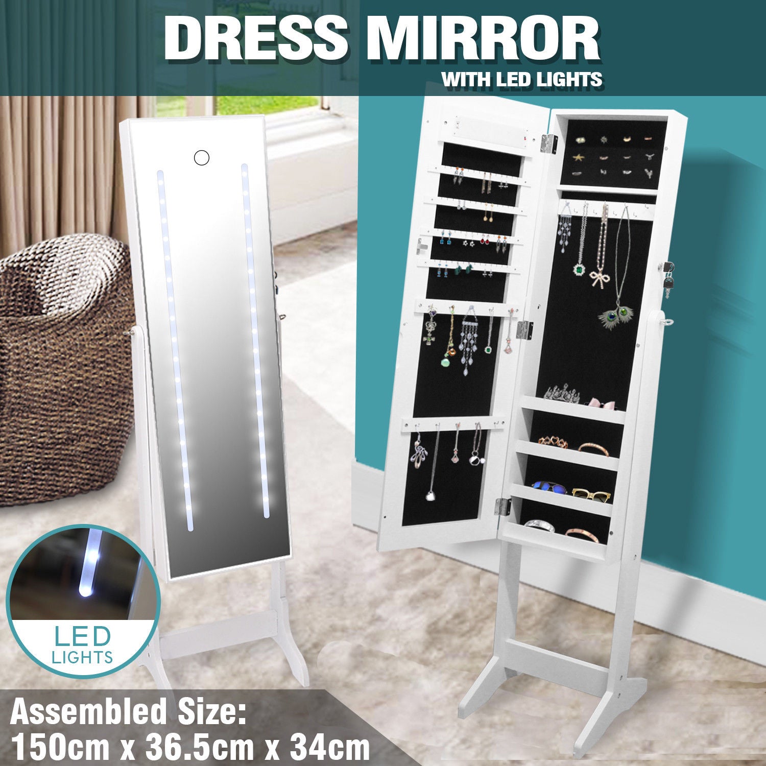 Mirror Jewellery Cabinet Makeup Storage Jewelry Organiser Box Tall With Light