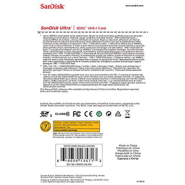 SDSDUNB-064G: SANDISK 64GB SDHC Class 10 Ultra  48MB/S