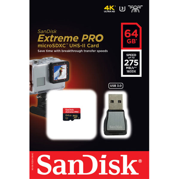 Sandisk Extreme Pro micro SDXC UHS-II 64GB Class 10 up to 275mb/s with microSD to USB 3.0 adaptor, SDSQXPJ-064G