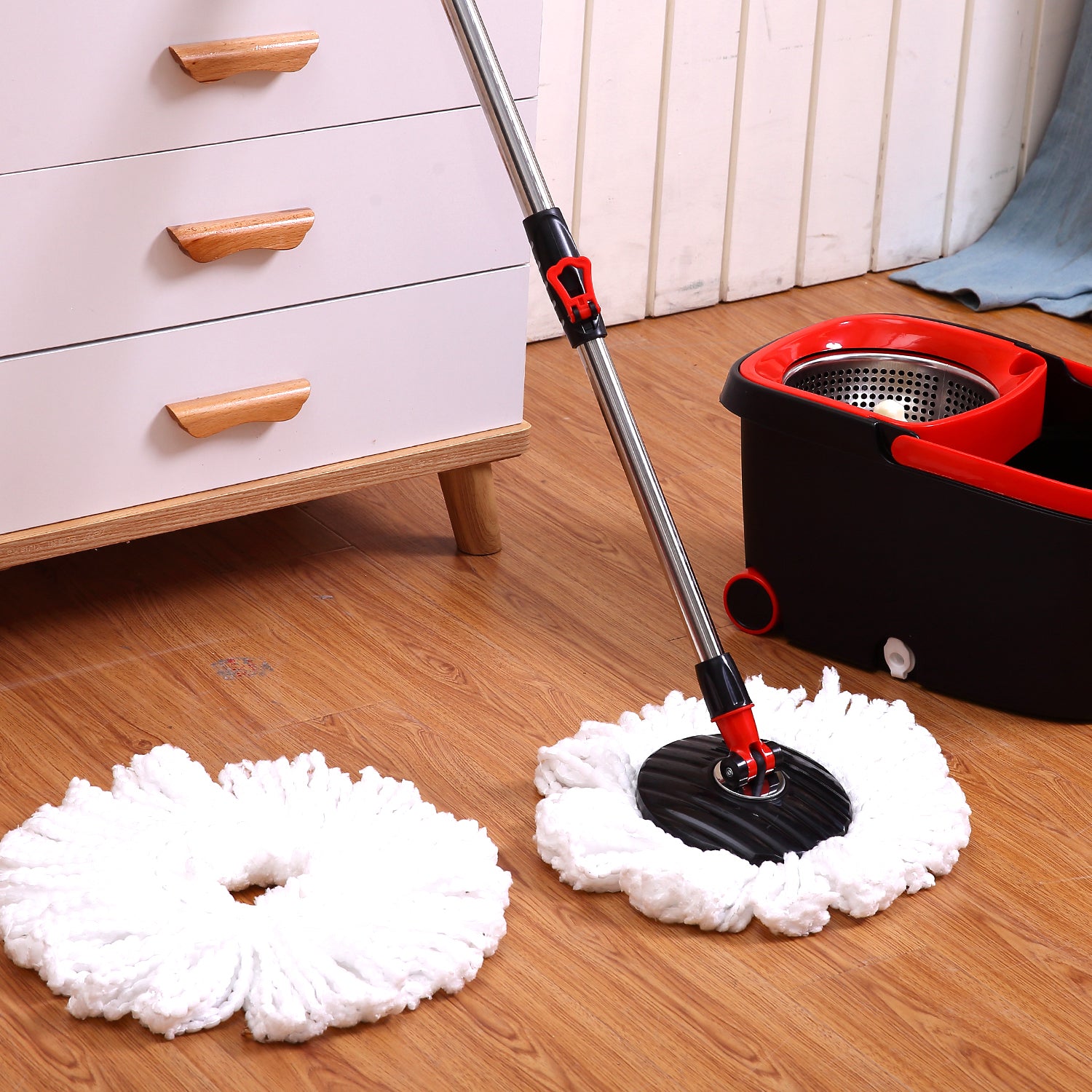 4 Style 360 Spinning Mop Stainless Steel Bucket 2 Free Spin Mop Heads/pads Wheel